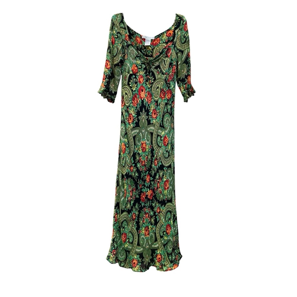 Vintage Free People Green Paisley Boho Floral Maxi Dress 100% Rayon Sz Large